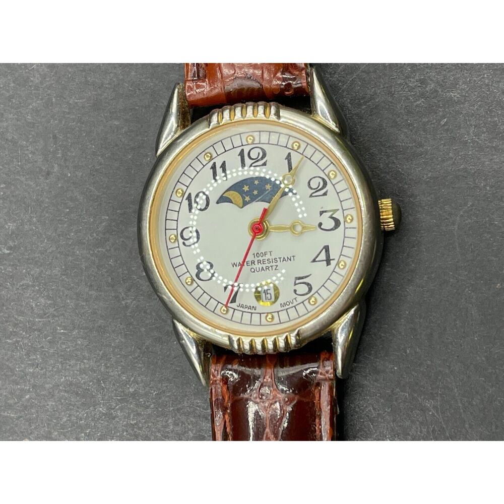 Vintage Advance Moon Phase Watch Women’s Silver And Gold Tone Brown Leather Band